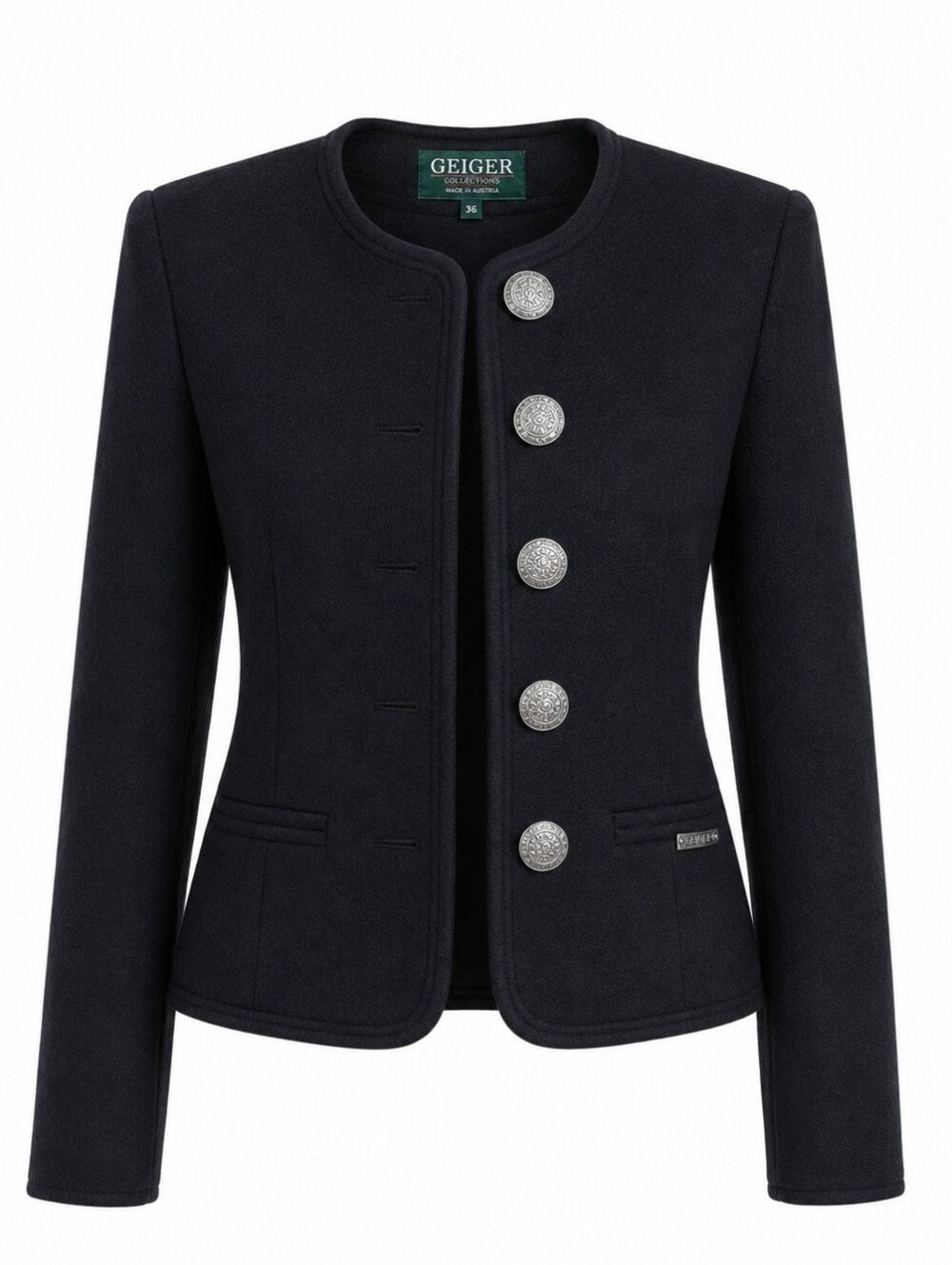 GEIGER OF AUSTRIA | Vtg Black Wool Minimalist Blazer Silver Buttons | EU 36 US S